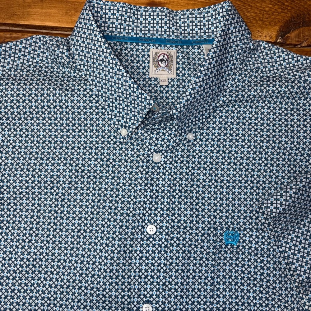 Cinch Button Down Shirt Mens XXL Blue Geometric Short Sleeve Cotton Western